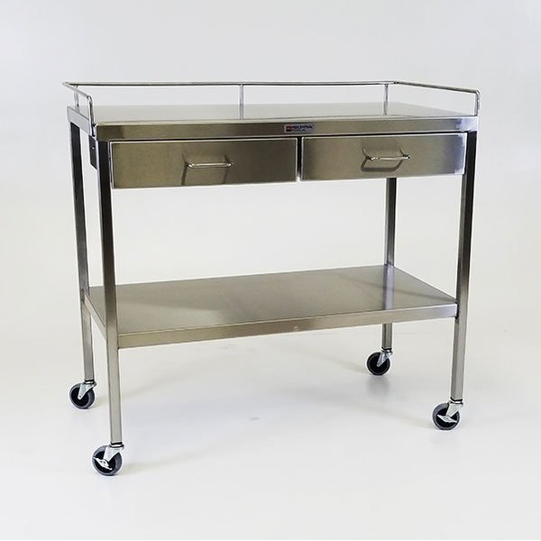 Midcentral Medical SS Utility Table 20"w x 38"l x 34"H, with 2 Drawers and 3-Sided Guardrail MCM524